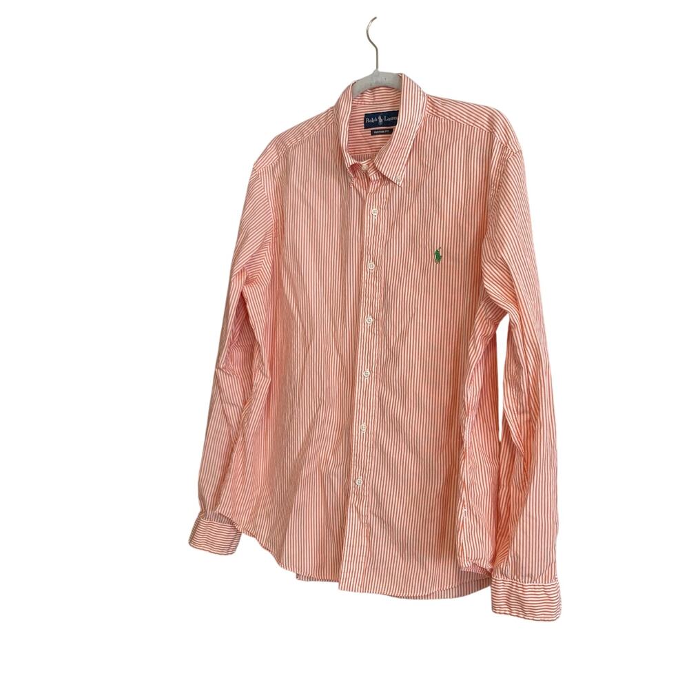 Vintage 90s Polo Ralph Lauren Orange White Stripe Custom Fit Dress Shirt Size XL - Picture 16 of 16